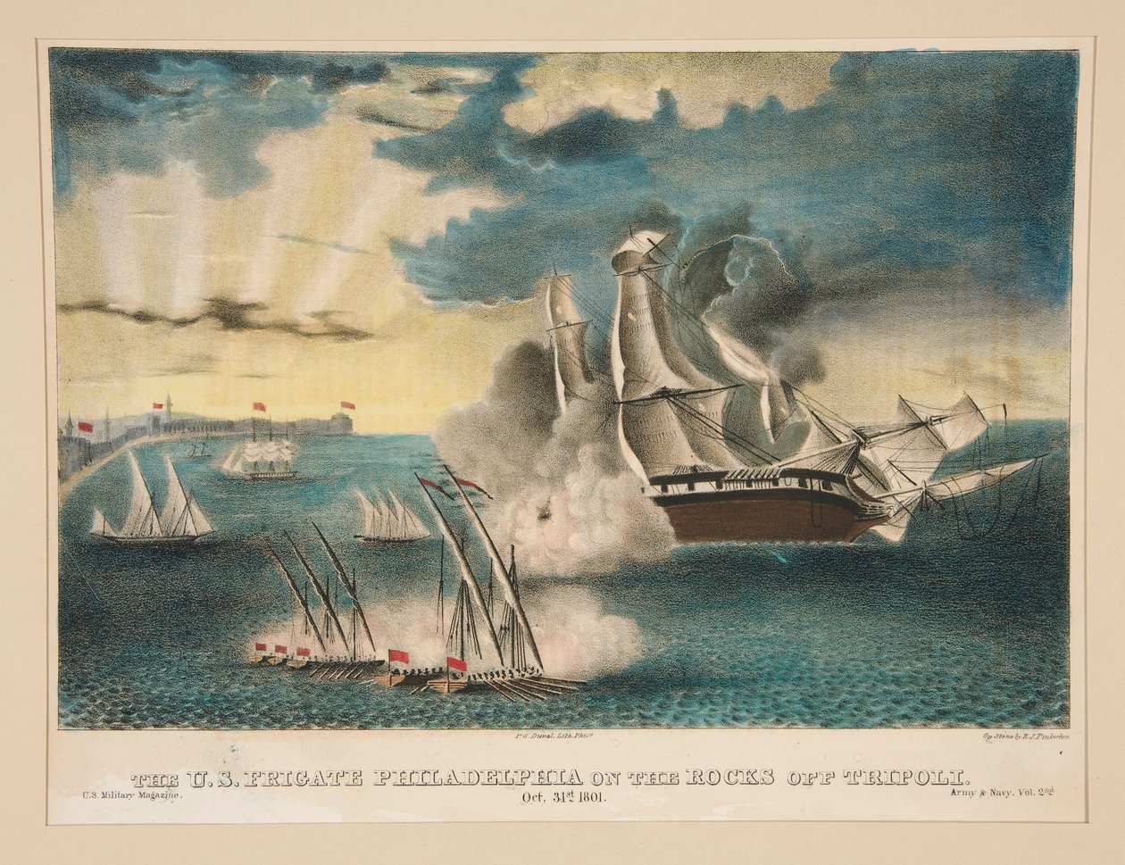 A Fragata Filadélfia dos EUA nas rochas ao largo de Trípoli (da revista militar norte-americana Exército e Marinha, Vol. II) de E. J. Pinkerton