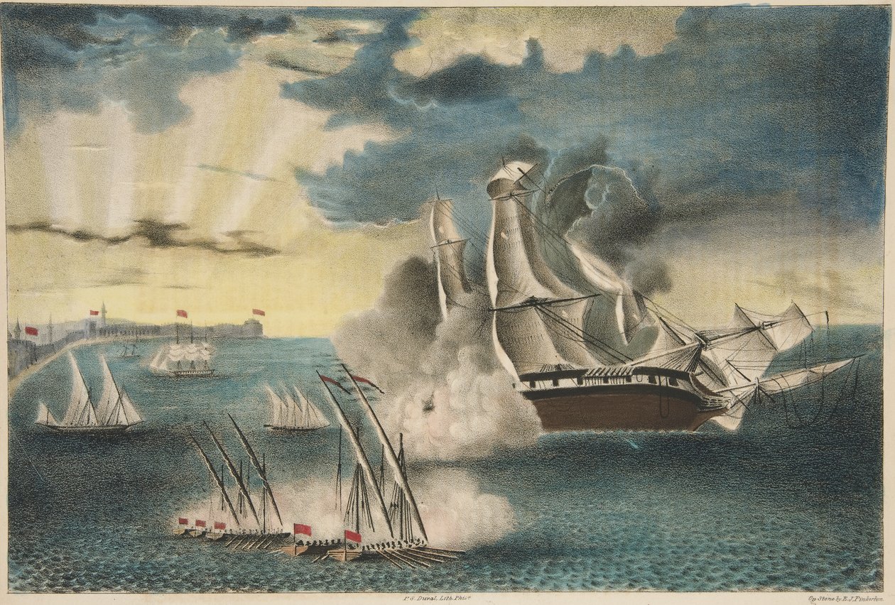 Os Estados Unidos Fragata Filadélfia nas rochas ao largo de Trípoli da Army and Navy Magazine, pub. 1840 (litogaph a cores) de E. J. Pinkerton