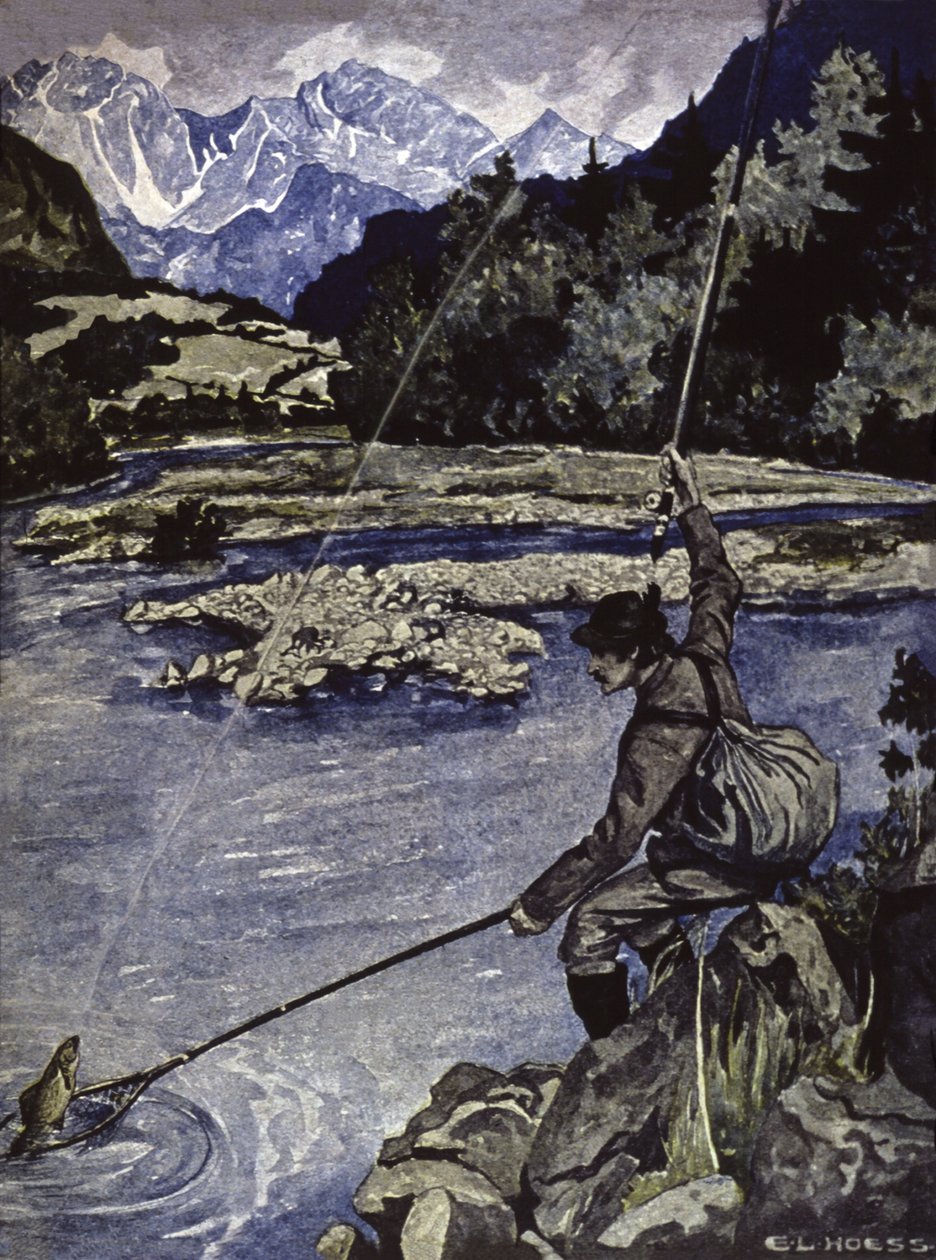 Pesca num rio, c.1900 (ilustração) de E. L. Hoess