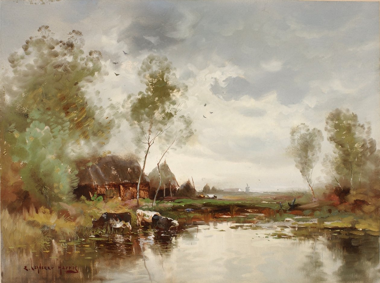Paisagem com moinho de vento de E. Landseer Harris