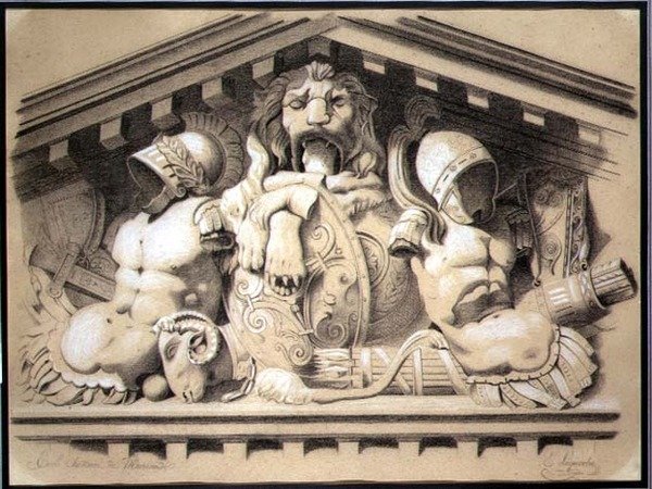 Um Pedimento Escultural no Louvre (carvão vegetal com giz branco sobre papel) de E. Laquerbe