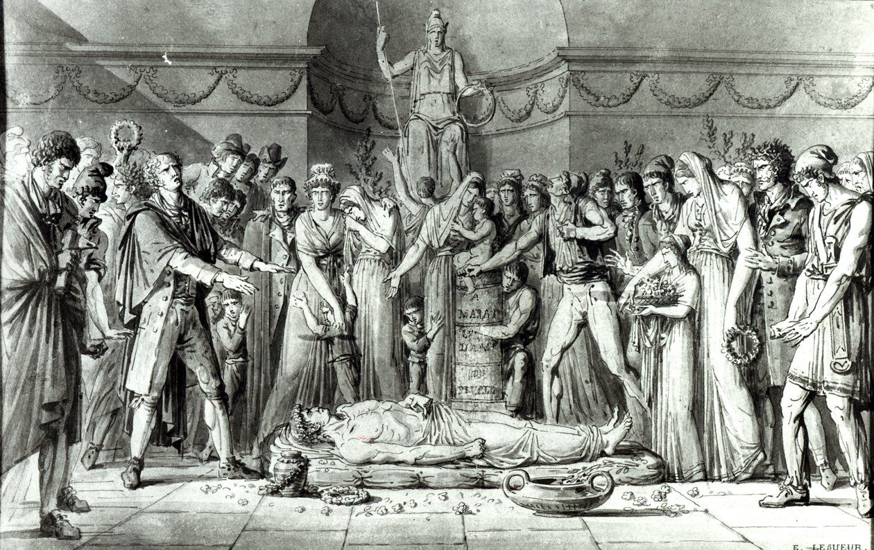 O funeral de Jean Paul Marat (1743-93) na capela do Clube dos Cordeliers, 16 de julho de 1793, c.1793 (caneta e tinta sobre papel) (foto bw) de E. Le Sueur