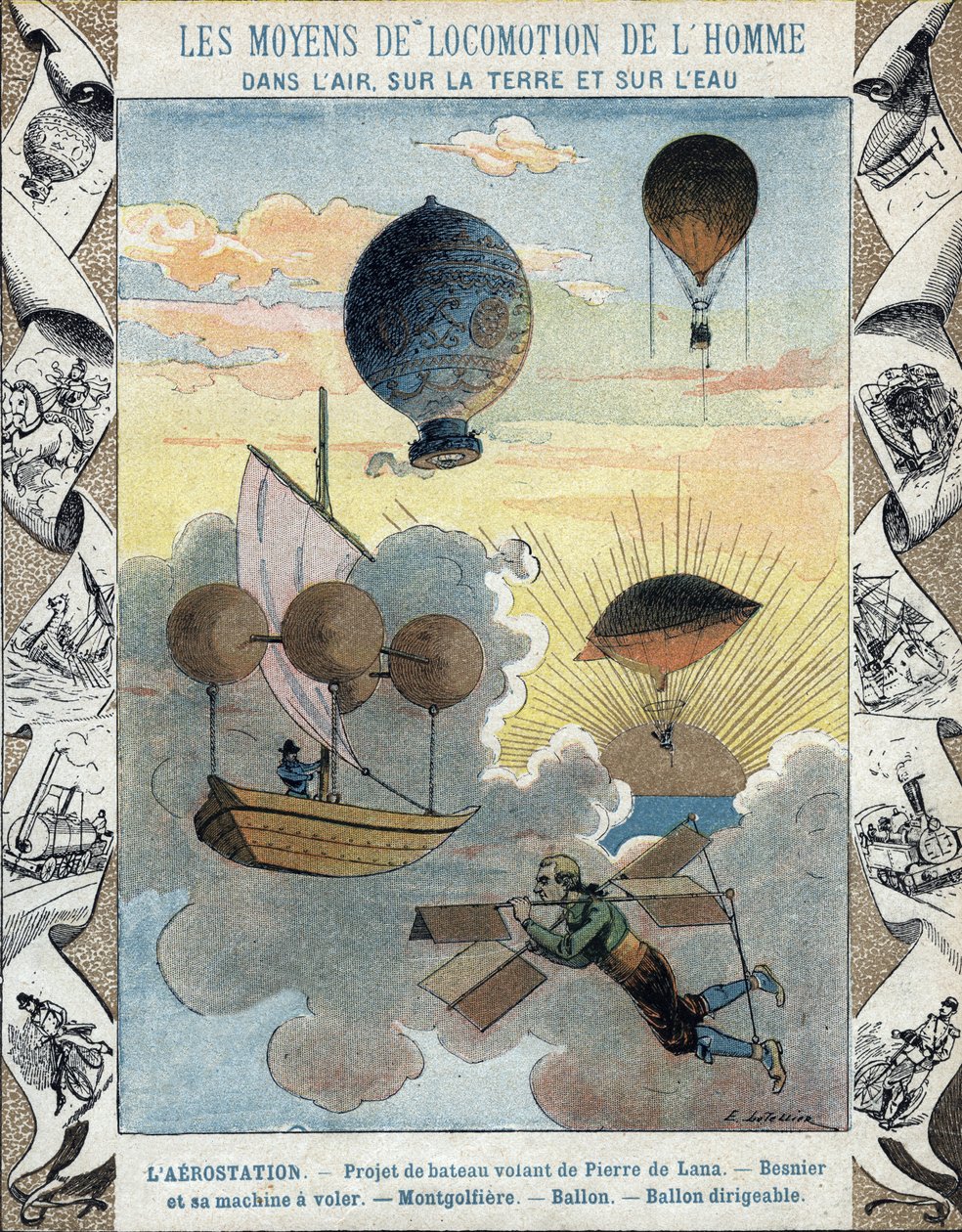 Aerostação - Projeto de barco voador de Pierre de Lana - Avião voador de Besnier (1678) - Balão - Balão - Balão de navio aéreo - ilustração de E Letellier - Proteger caderno histórico, final do século XIX de E. Letellier