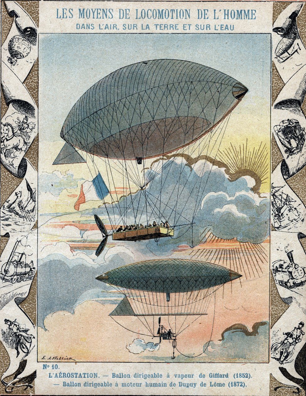Aeronave inventada por Henri Giffard em 1852 e nave navegável inventada por Dupuy de Lome em 1872 - De uma manga protectora para livros escolares, finais do século XIX - Navegação aérea por Henry Giffard (1825 - 1882) 1852 e o balão haubanne por Henri Dupu de E. Letellier