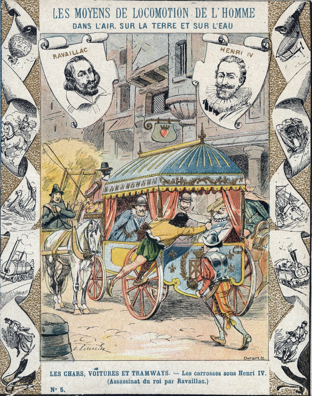 Assassinato de Henrique IV por François Ravaillac na rue de la Ferronerie em 14 de Maio de 1610 - De uma manga protectora para livros escolares, finais do século XIX - Morte de Henrique IV: Assassinato de Henrique IV (1553 - 1610) em 14 de Maio de 1610 por de E. Letellier