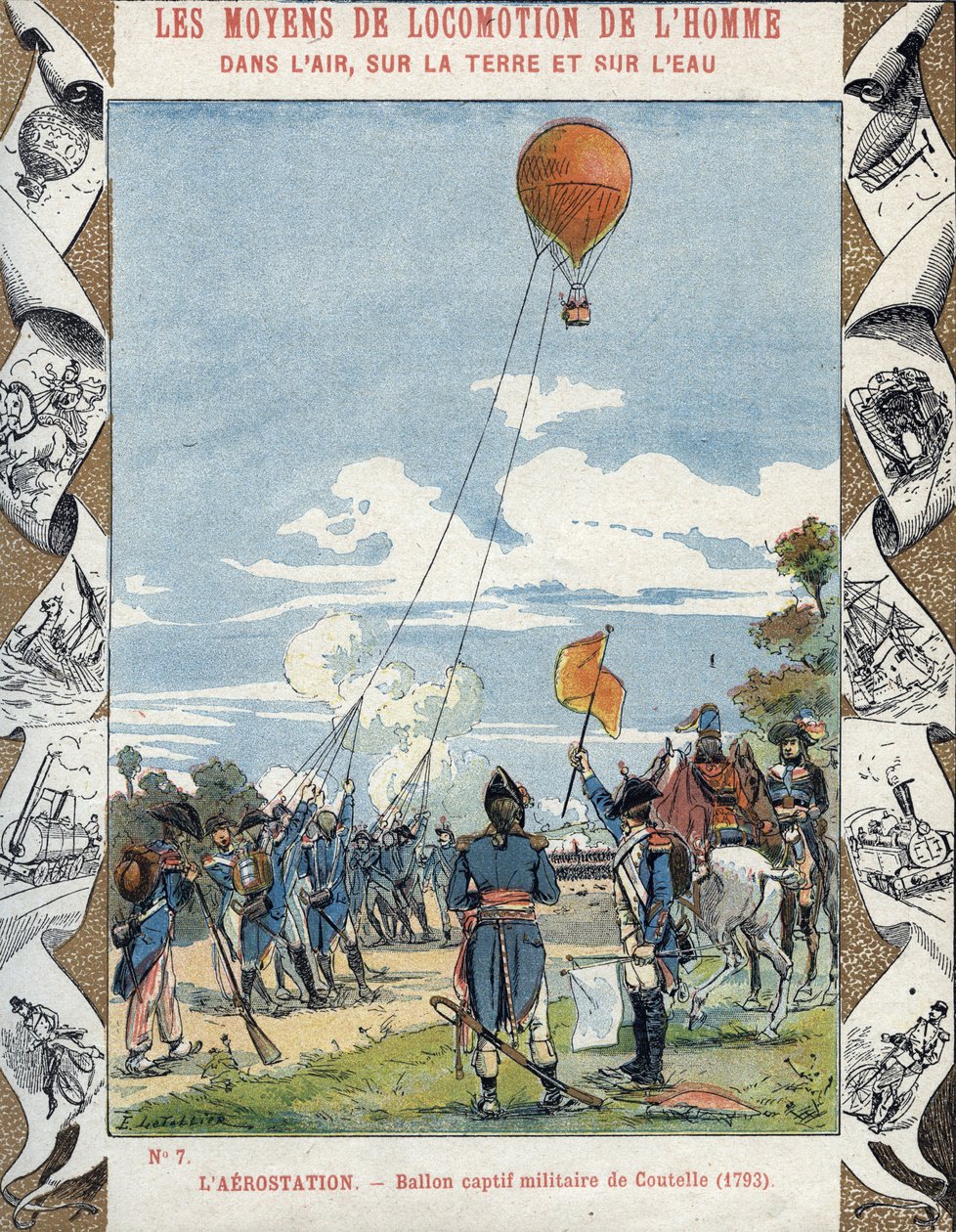 Balão construído pelo engenheiro francês Jean Marie Joseph (Jean-Marie-Joseph) Coutelle (1748-1835) para os exércitos revolucionários franceses espiarem os seus inimigos. de E. Letellier