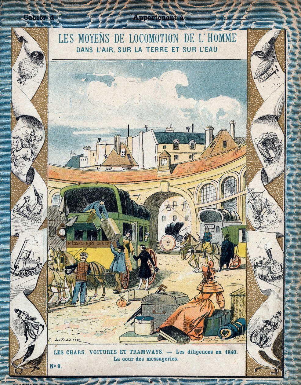 Diligence en 1840 - la cour des messageries - Stagecoach in 1840 - De uma manga protectora para livros escolares, finais do século XIX - ilustração de E. Letellier - História da protecção de cadernos, fin do século XIX - de E. Letellier