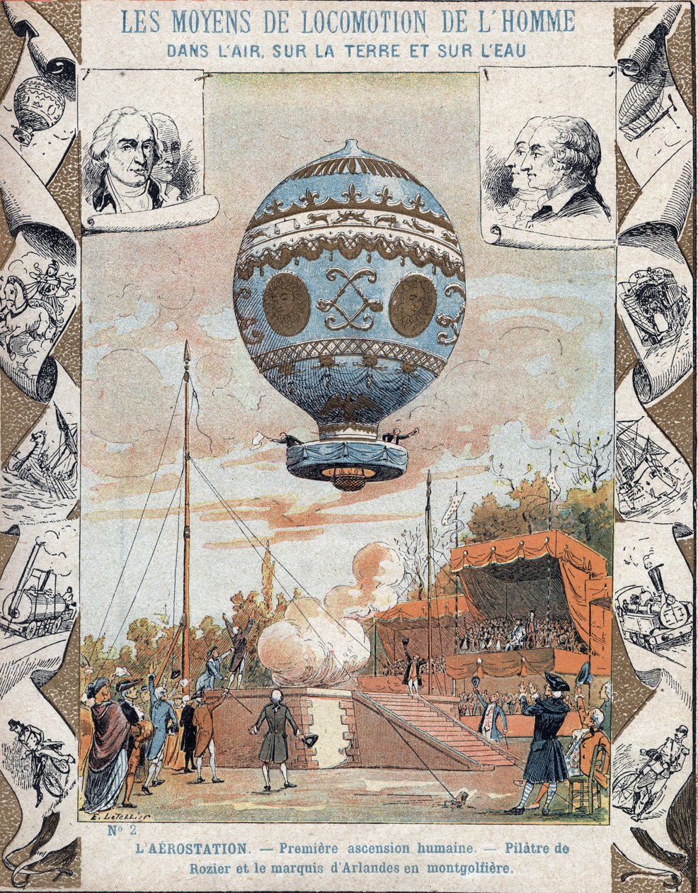 Primeiro voo gratuito tripulado de balão, Pilatre de Rozier e o Marquês de Arlandes, 21 de Novembro de 1783, em Montgolfier (ar quente) balão do Bois de Boulogne, Paris, França - De uma manga protectora para livros escolares, finais do século XIX - Primeir de E. Letellier