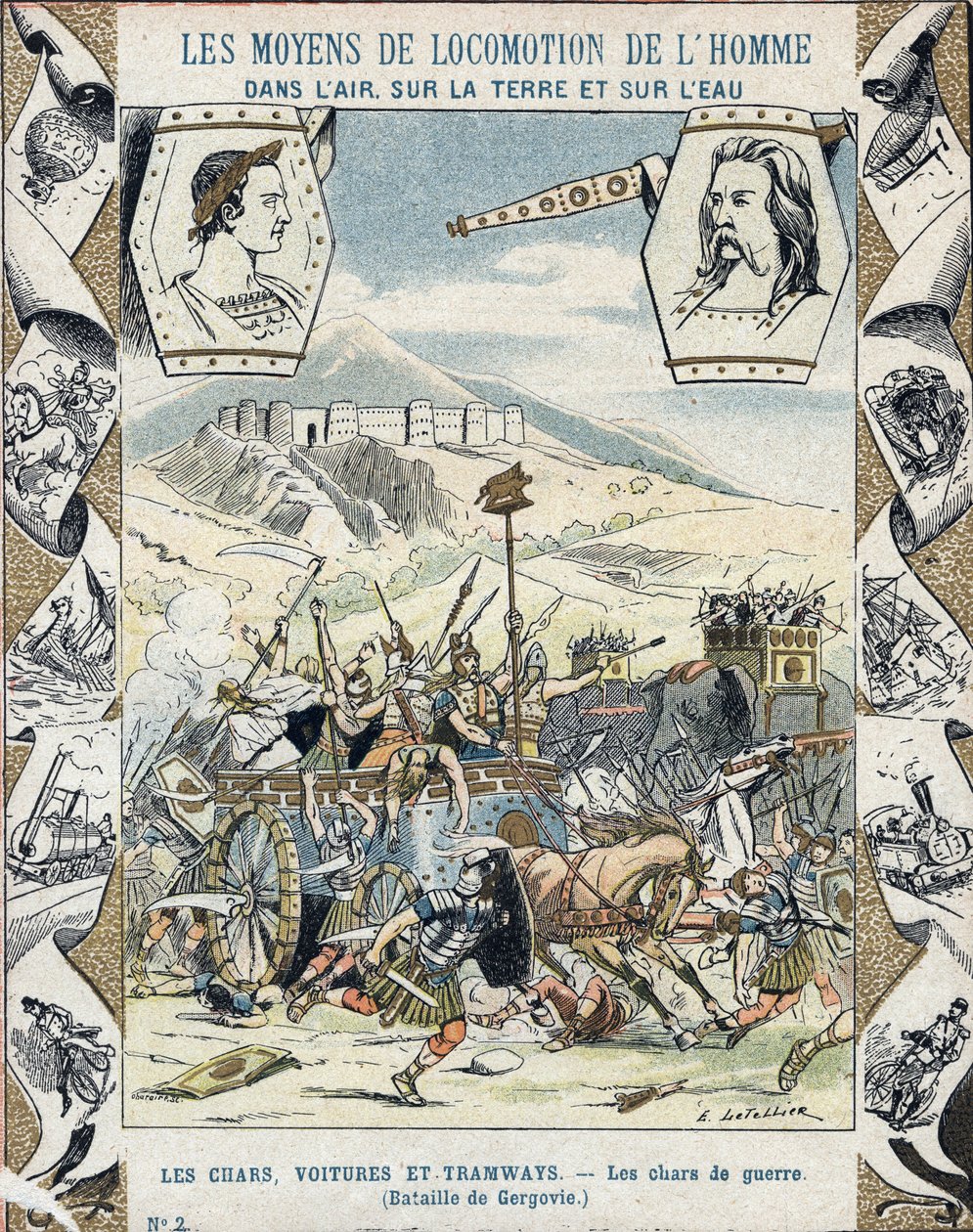 Carruagens de guerra gálicas na Batalha de Gergóvia - De uma manga protectora para livros escolares, finais do século XIX - Tanks de guerre a faux - Vercingetorix a la battle de Gergovia (52 AC) durante a guerra dos Gauleses - ilustração de E Letellier - P de E. Letellier