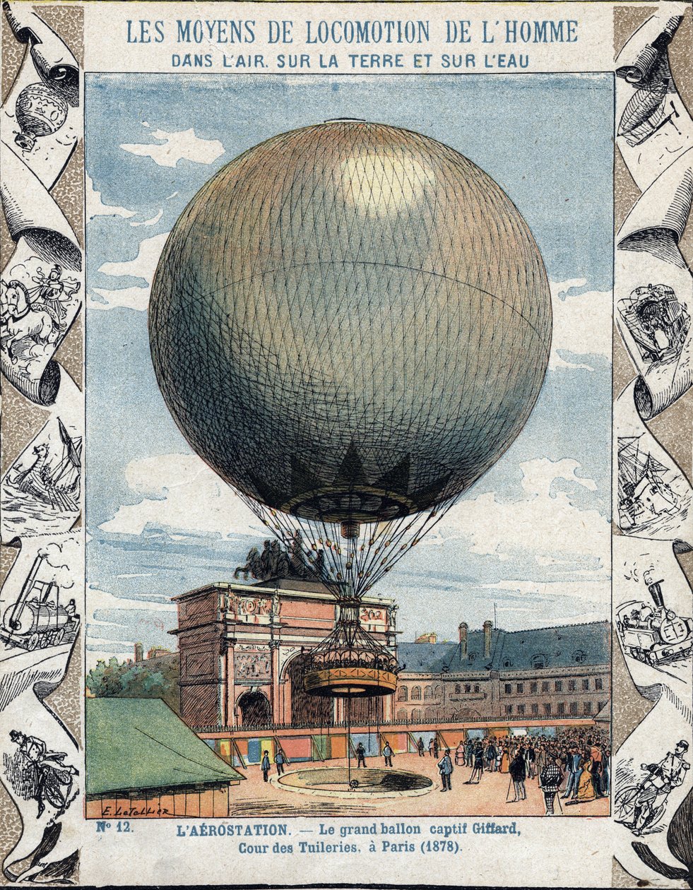 Operação de inflação e equipamento do balão cativo de Henry Giffard para as Tuileries em Paris 1878 - de uma manga protectora para livros escolares, finais do século XIX - ilustração de E Letellier - exposição universelle de 1878 em Paris: inflação de de E. Letellier