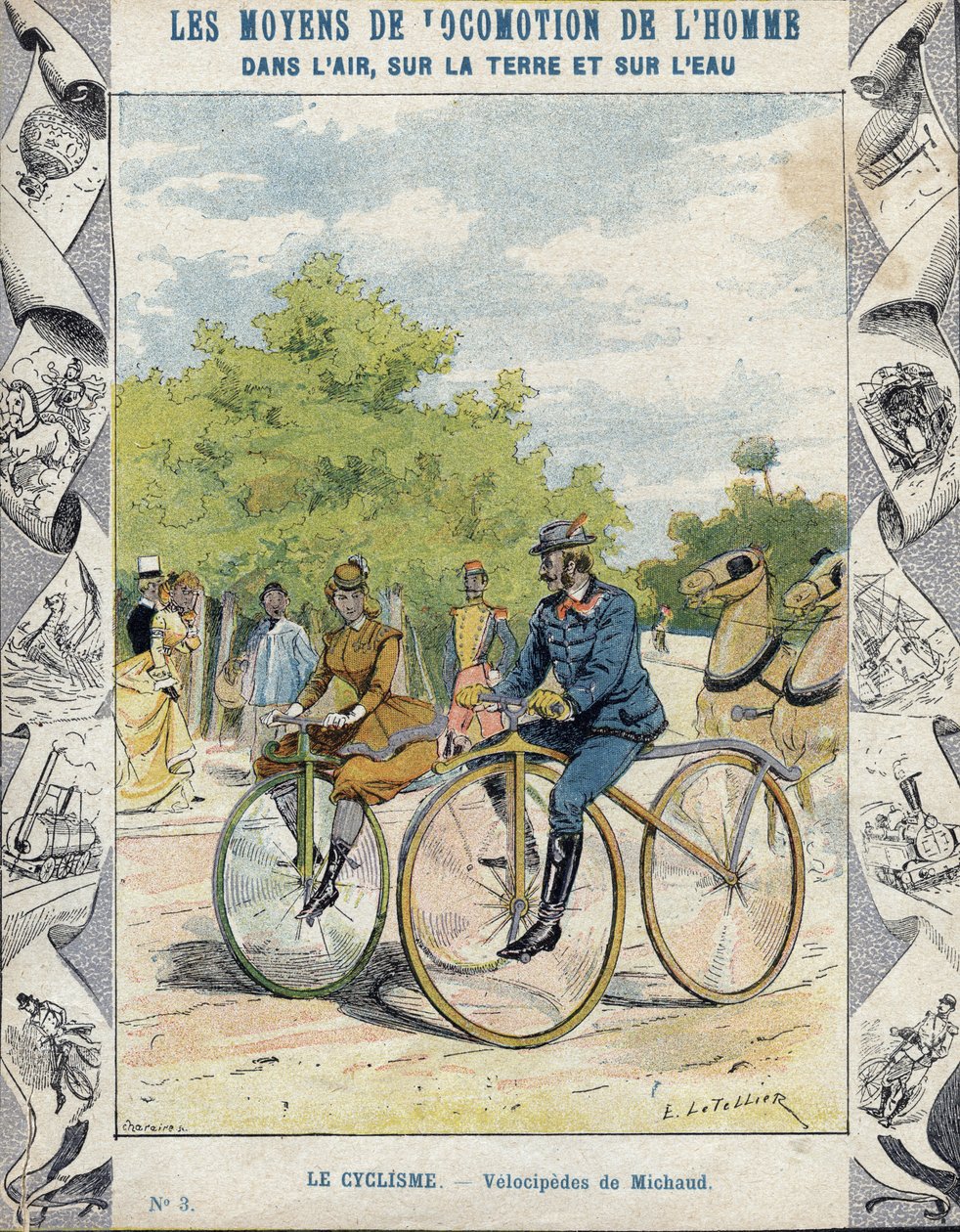 Pierre Michaux e Michaudine velocipedes - De uma manga protectora para livros escolares, finais do século XIX - velocipedes a pedale (les michaudines) por Pierre Michaux (1813-1883) de E. Letellier