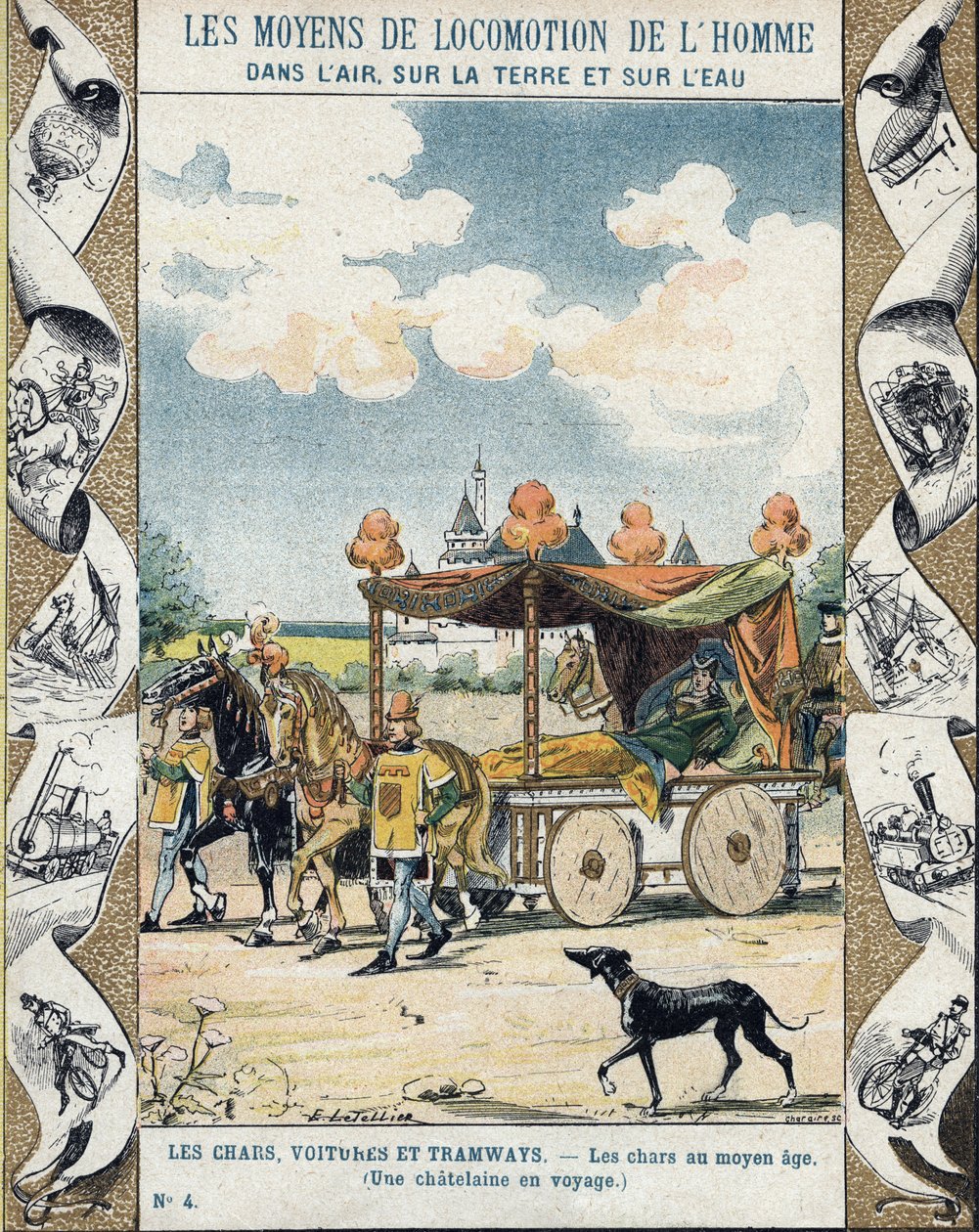 Tanques na Idade Média - A Chatelaine en voyage - ilustração de E Letellier - Protege caderno histórico, final do século XIX de E. Letellier