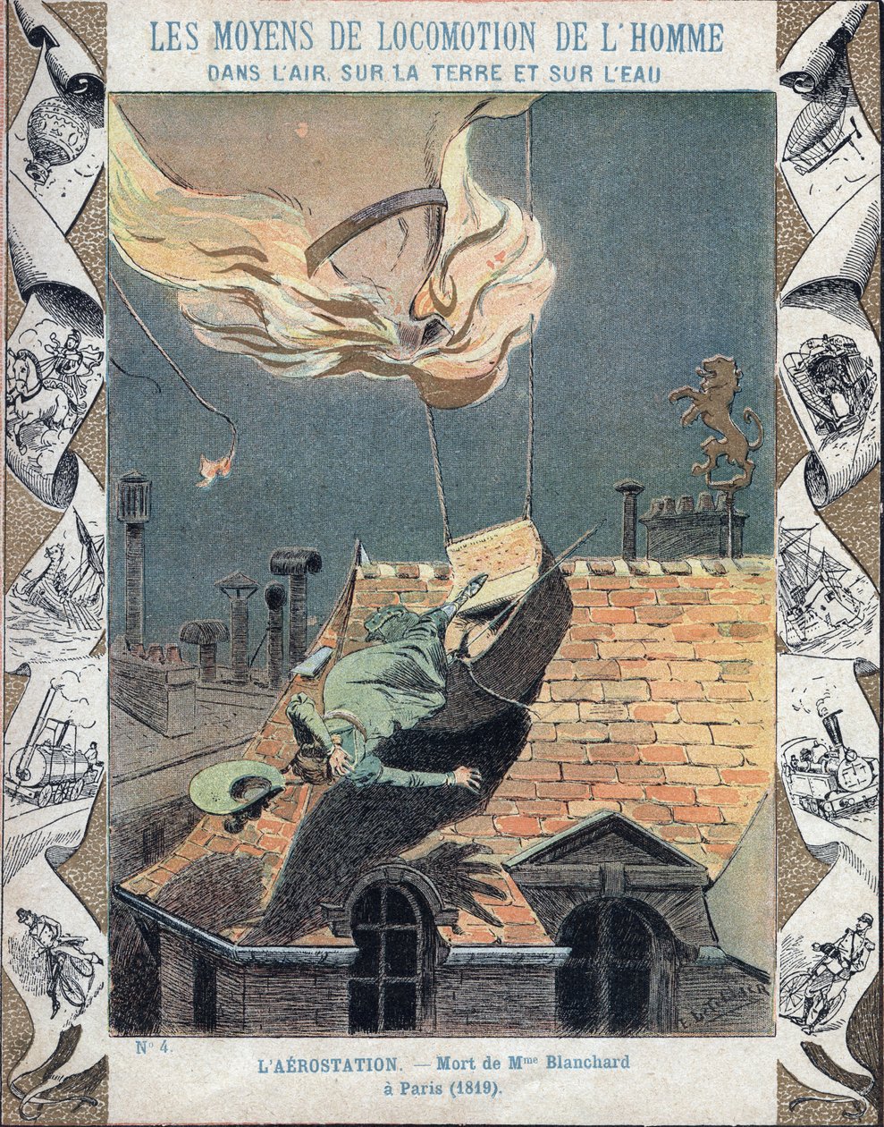 A morte de Marie Blanchard, esposa do aeronaut Jean Pierre Blanchard, quando seu balão pegou fogo durante uma manifestação sobre Paris, 6 de junho de 1819 - De uma manga de proteção para livros escolares, no final do século XIX - Mort de Madame Blanchard - de E. Letellier