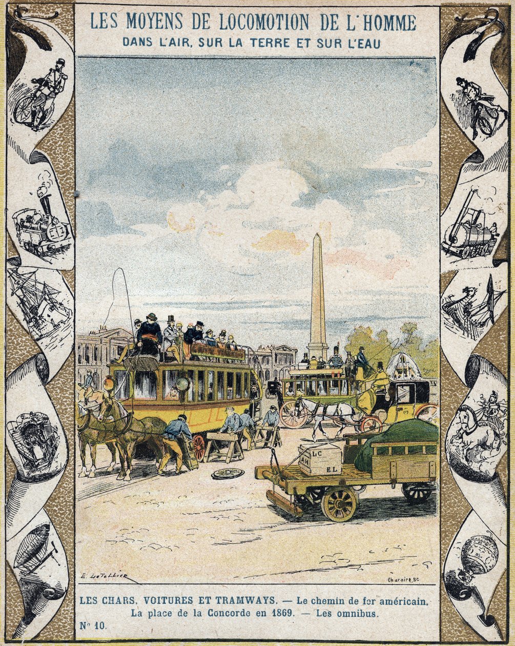 Tráfego na Place de la Concorde em Paris, em 1869: cavalo desenhado omnibus e "chemin de fer americain" (linha de bonde) - De uma manga protetora para livros escolares, no final do século XIX - Tanques, carros e bondes: a ferrovia americana, a Place de Con de E. Letellier