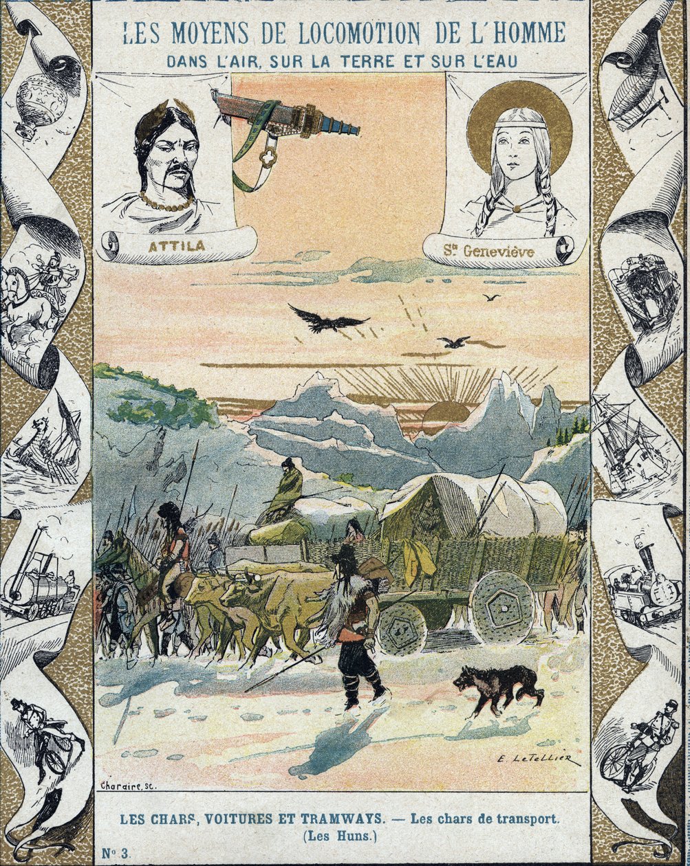 Tanques de transporte - Os Hunos de Átila (ca. 395-453) - Invasões bárbaras - ilustração de E Letellier - Protege caderno histórico, final do século XIX - de E. Letellier