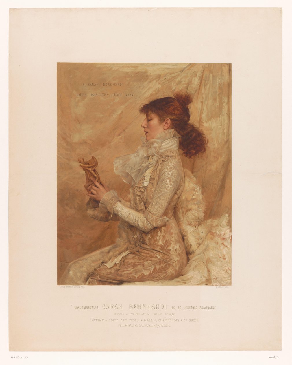 Retrato de Sarah Bernhardt Mademoiselle Sarah Bernhardt da comédia francesa (título no objeto) de E. Mémet