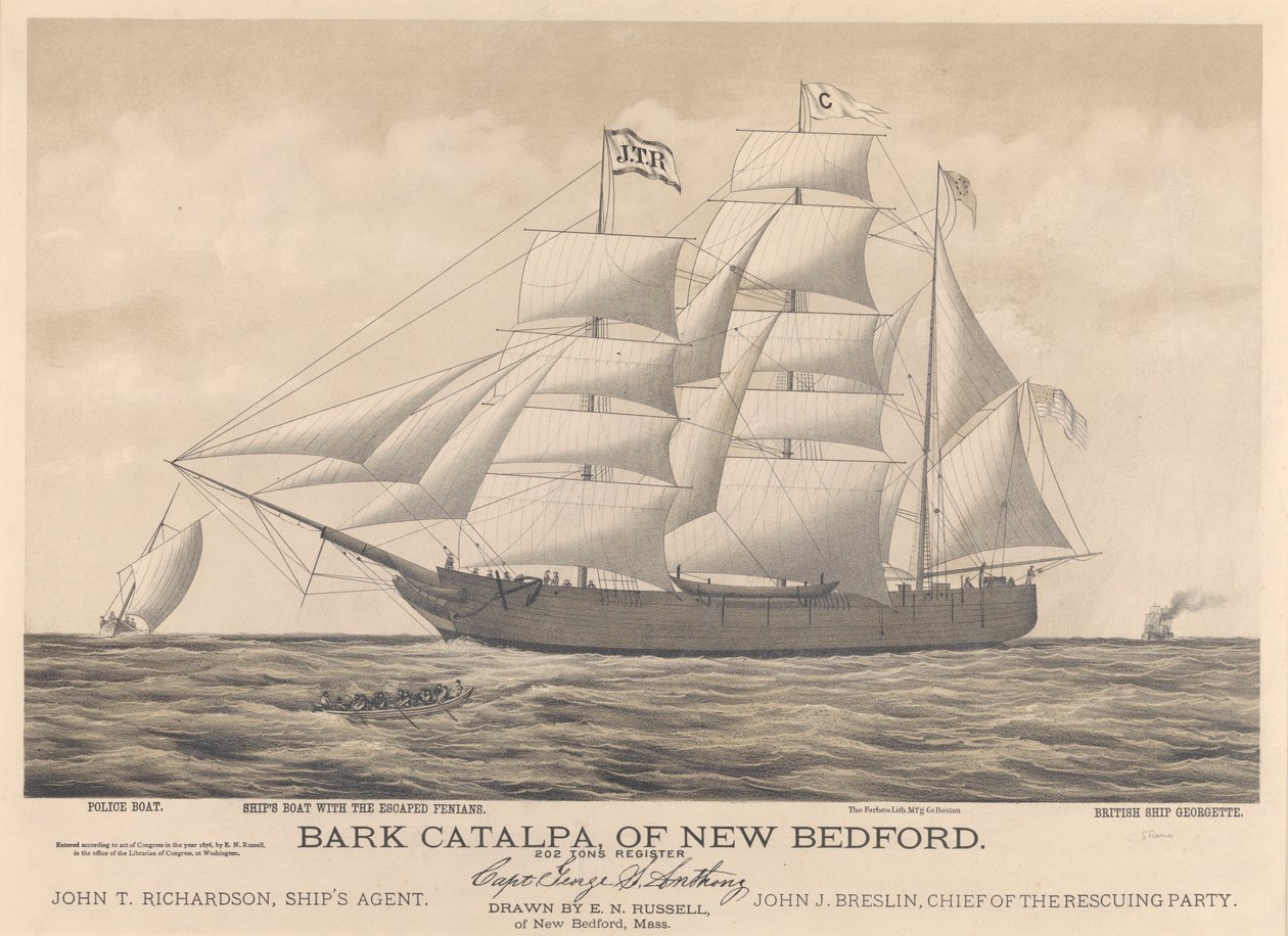 Barco Catalpa de New Bedford, barco da polícia, barco do navio e navio britânico Georgette de E. N. Russell