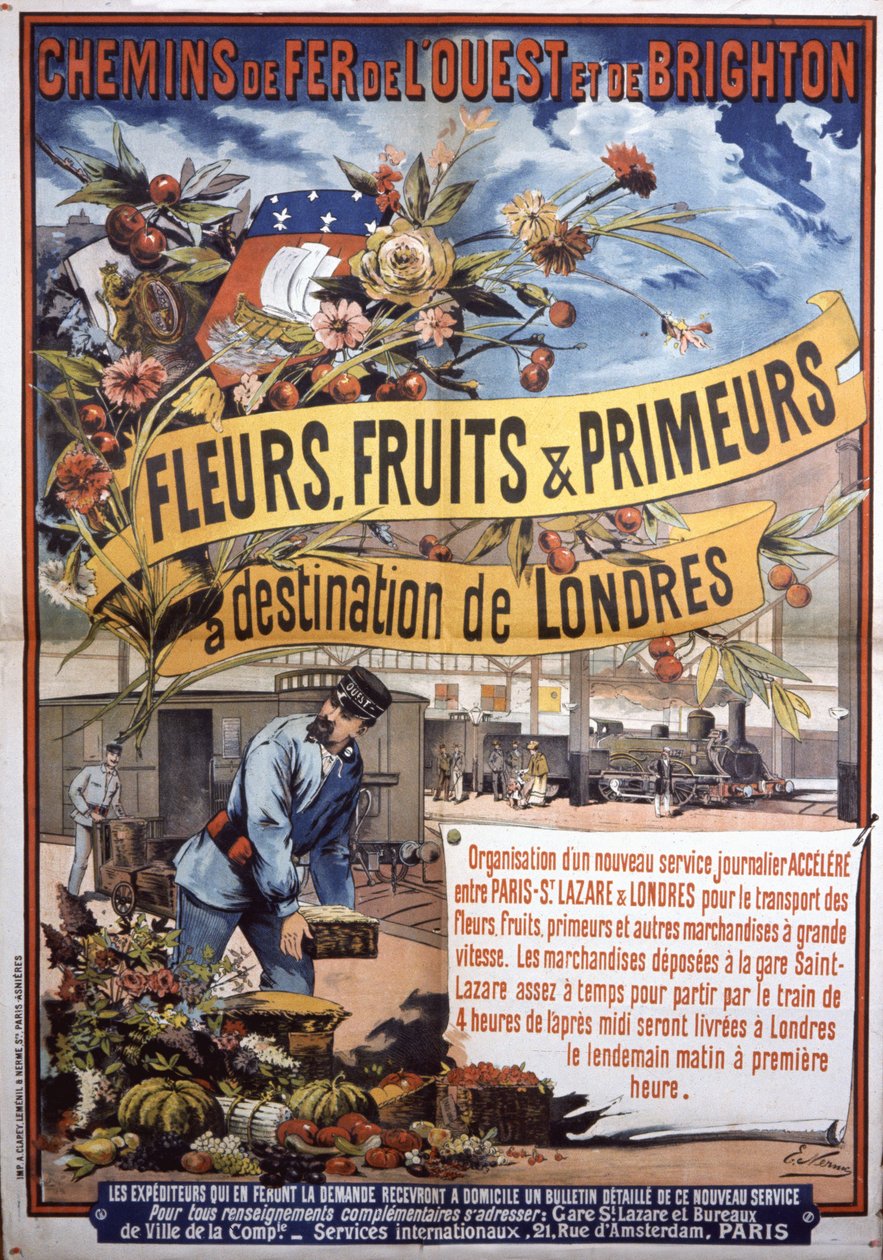 Transporte por comboio de Paris para Londres, final do século XIX (cartaz) de E. Nerme