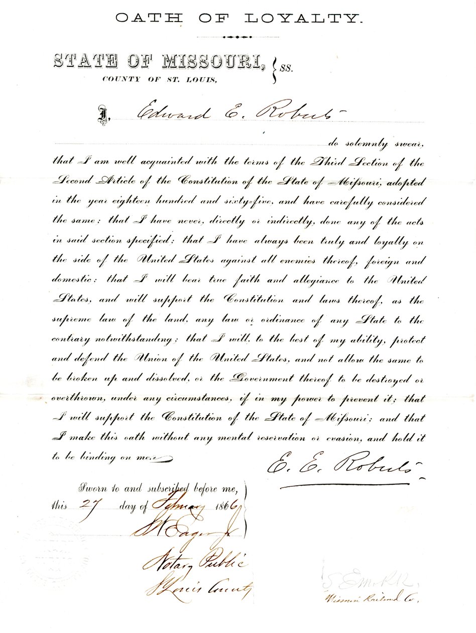 Juramento de lealdade de Edward E. Roberts do Missouri, Condado de St. Louis de E. Roberts
