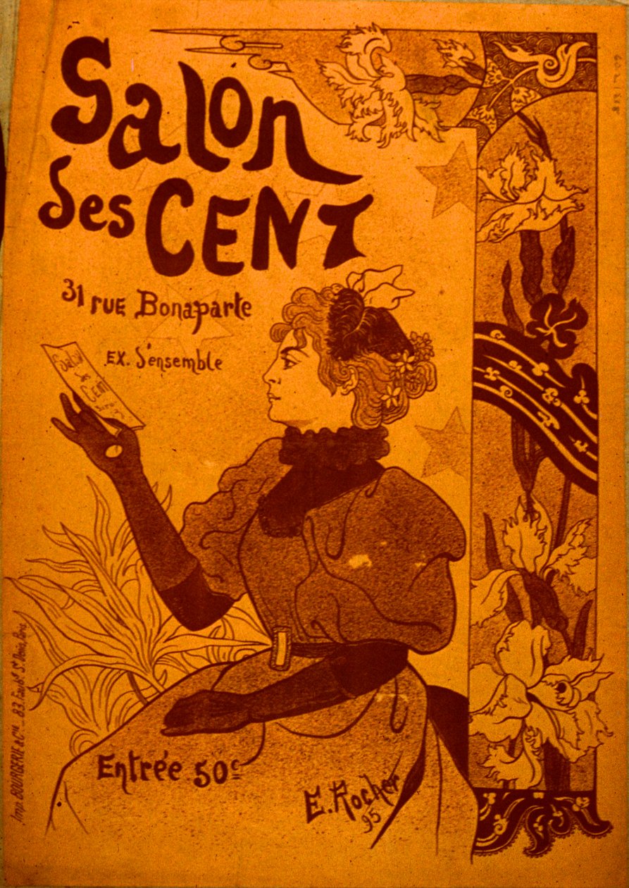 Uma mulher examinando um convite, Salon des Cent de E. Rocher
