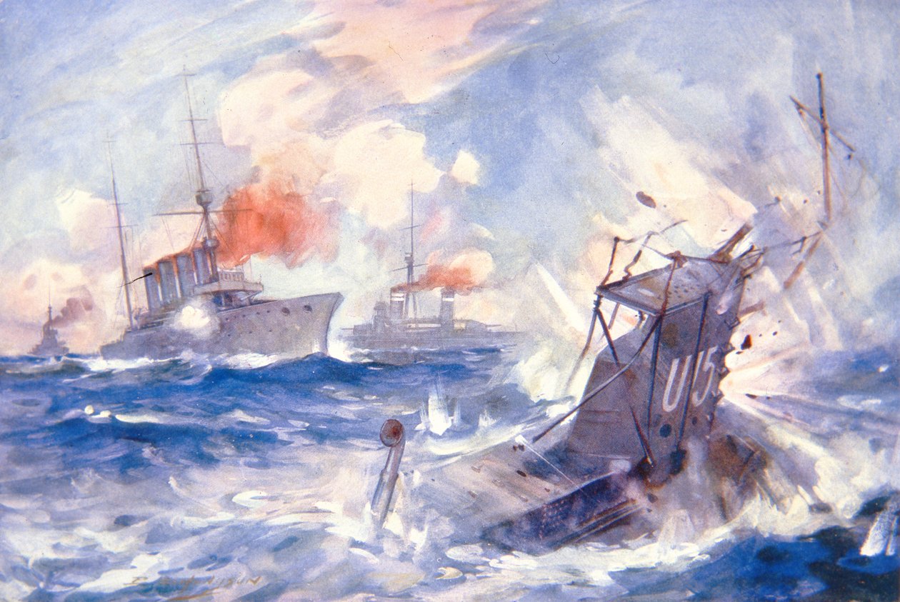 The Sinking of the German Submarine U15 by HMS Birmingham (cor litho) de E. S. (after) Hodgson