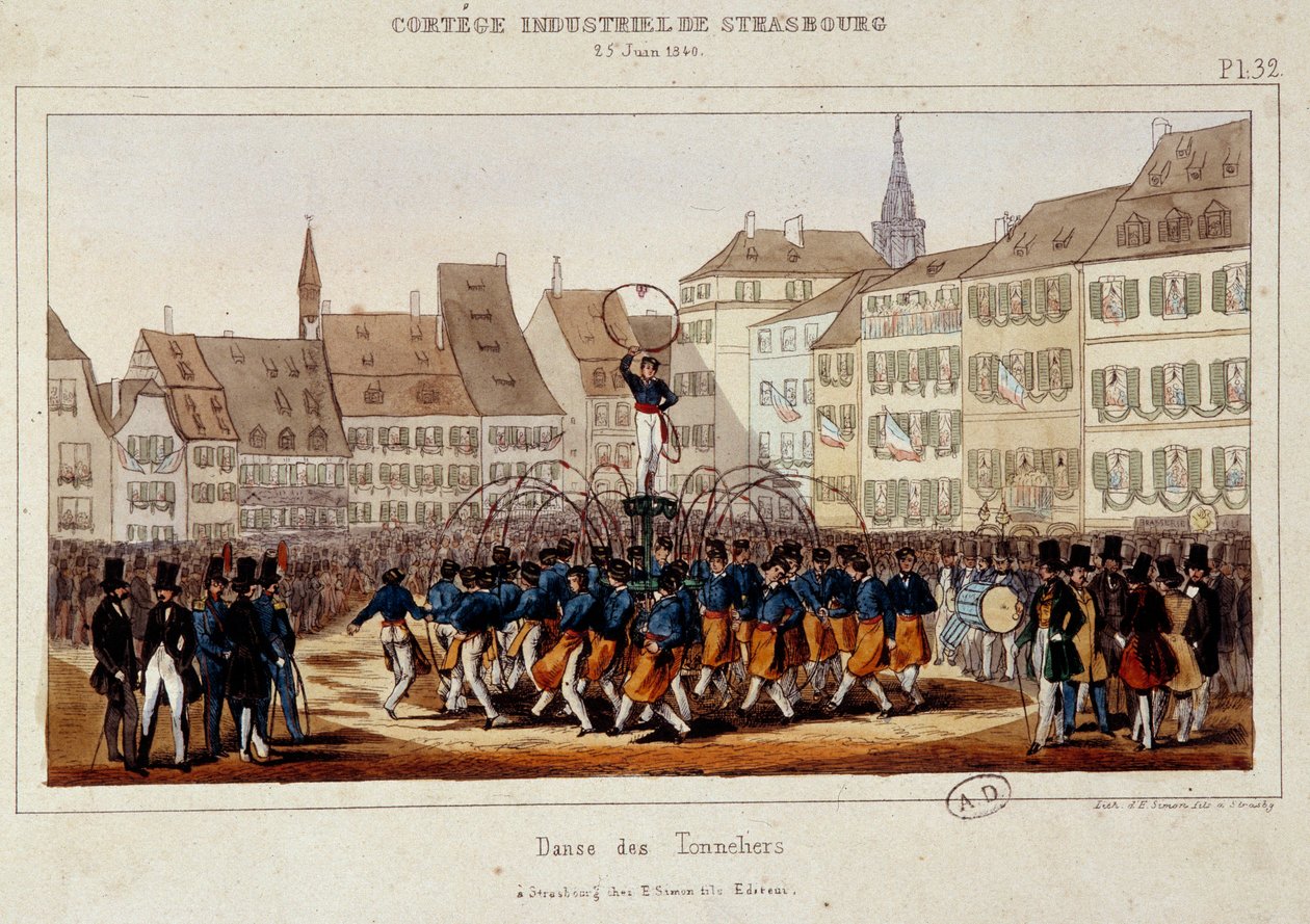 La danse des tonneliers durante o cortejo industrial em Estrasburgo, em 25/06/1840. Litografia de Simon de E. Simon