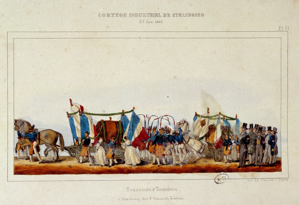 A dança dos cervejeiros e das cooperativas durante o cortejo industrial em Estrasburgo, em 25/06/1840. Litografia de Simon de E. Simon