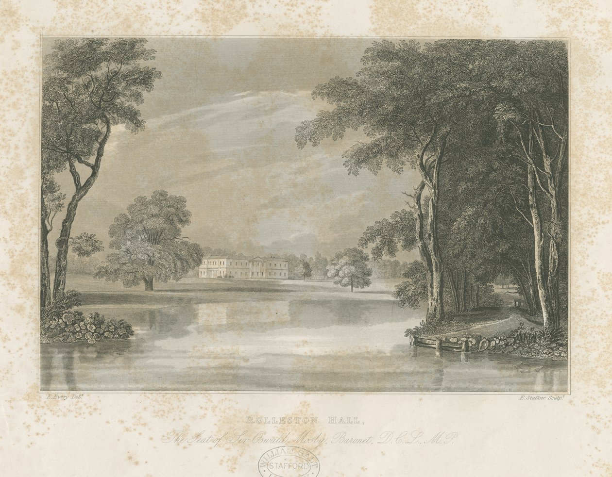 Rolleston Hall: gravação de linha, nd [c 1840] de E Stalker