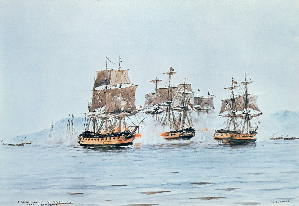Comodoro Macdonough no Saratoga derrota os britânicos, Batalha do Lago Champlain de E. Tufnell