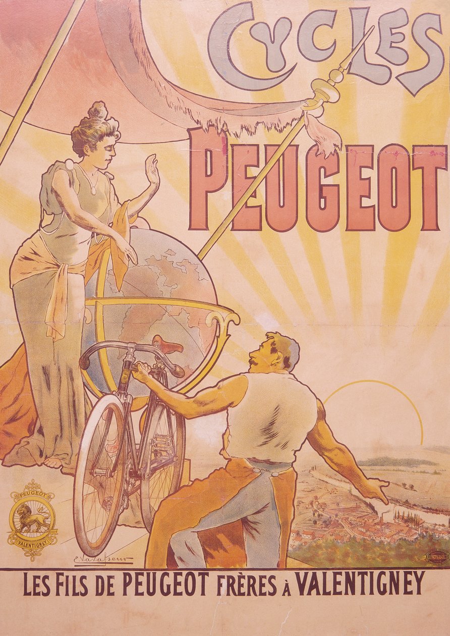 Cartaz publicitário de bicicletas Peugeot, final do século XIX e início do século XX de E Vavasseur