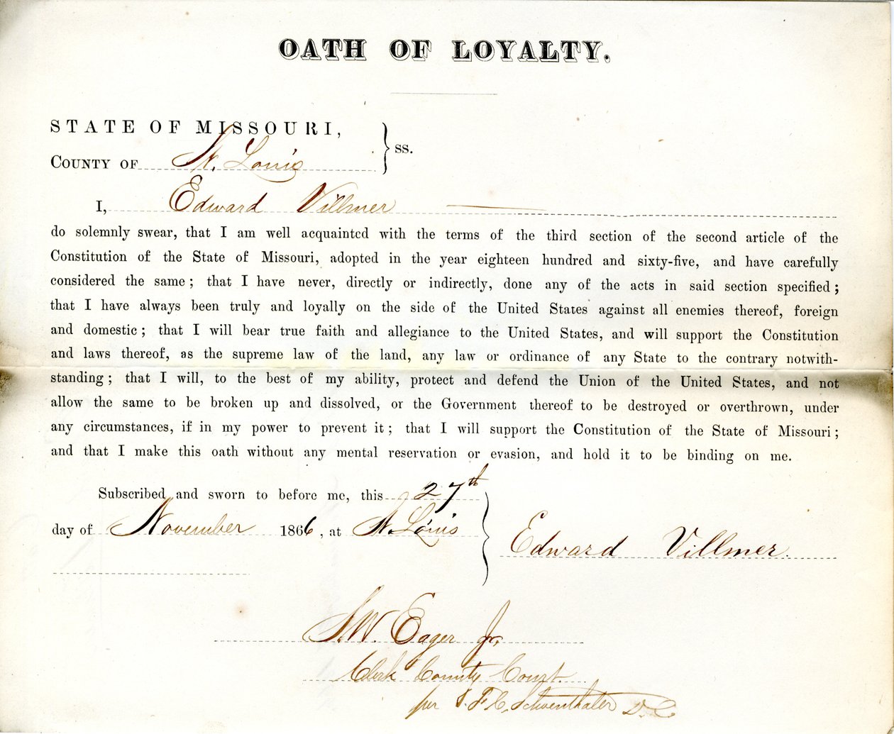 Juramento de lealdade de Edward Villmer do Missouri, Condado de St. Louis de E. Villmer
