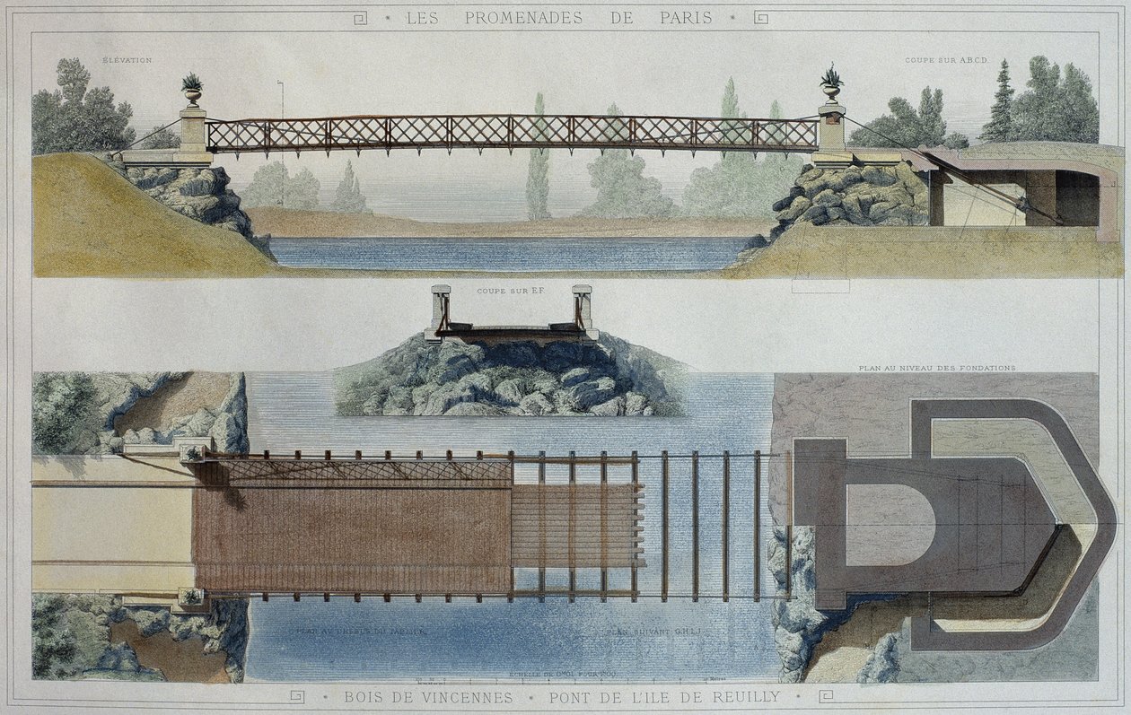 Bois de Vincennes e ponte da ilha de Reuilly, ilustração de &39;Promenades de Paris&39;, gravada por Jean Joseph Sulpis (1826-1911) de E. and Dardoize, Louis Emile Hochereau