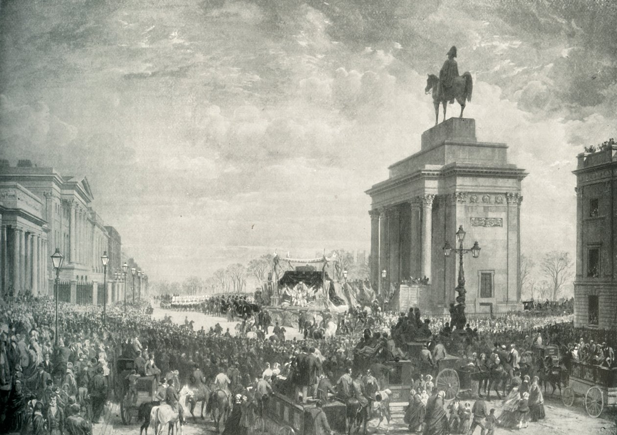O funeral do duque de Wellington passando por Apsley House, 18 de novembro de 1852, c1897 de E. and S. Woodbury