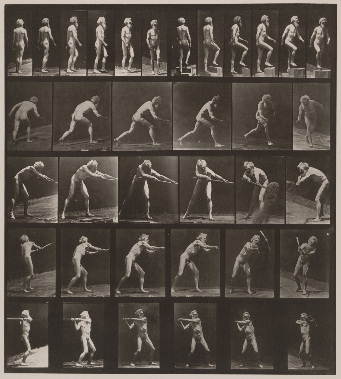 Placa Número 521. A, caminhando; B, passo ascendente; C, jogando disco; D, usando pá; E, usando pick; F, usando pick, 1887 (collotype) de Eadweard Muybridge