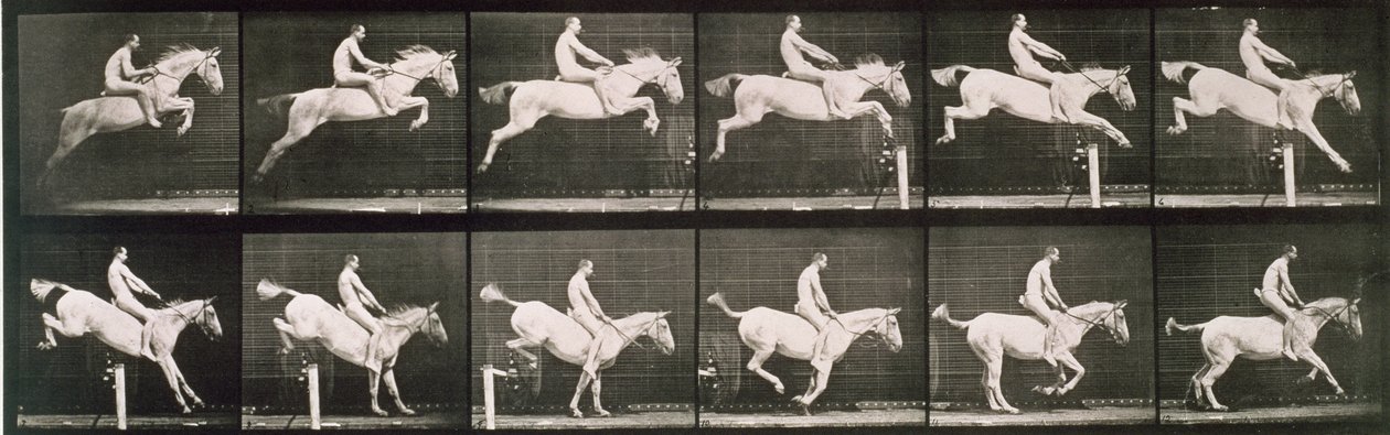 Homem e cavalo pulando uma cerca, placa 643 de &39;Animal Locomotion&39;, 1887 de Eadweard Muybridge