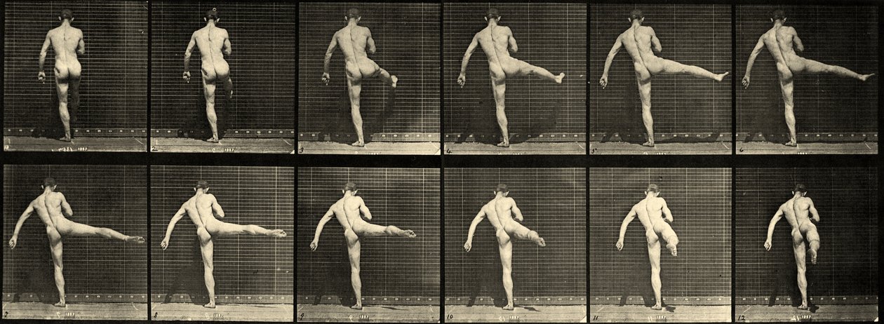 Dançarina de balé masculina nua, primeira ação de balé, levantando perna direita (placa 369) c.1887 de Eadweard Muybridge