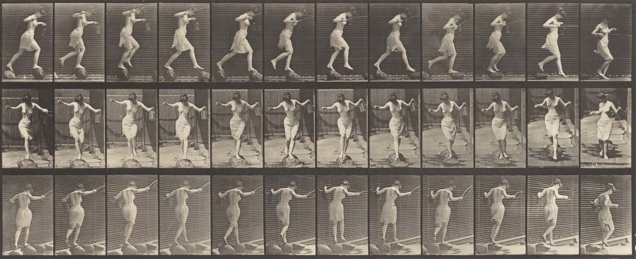 Placa número 175. Ribeira de travessia sobre alpondras com vara de pescar e lata, 1887. de Eadweard Muybridge