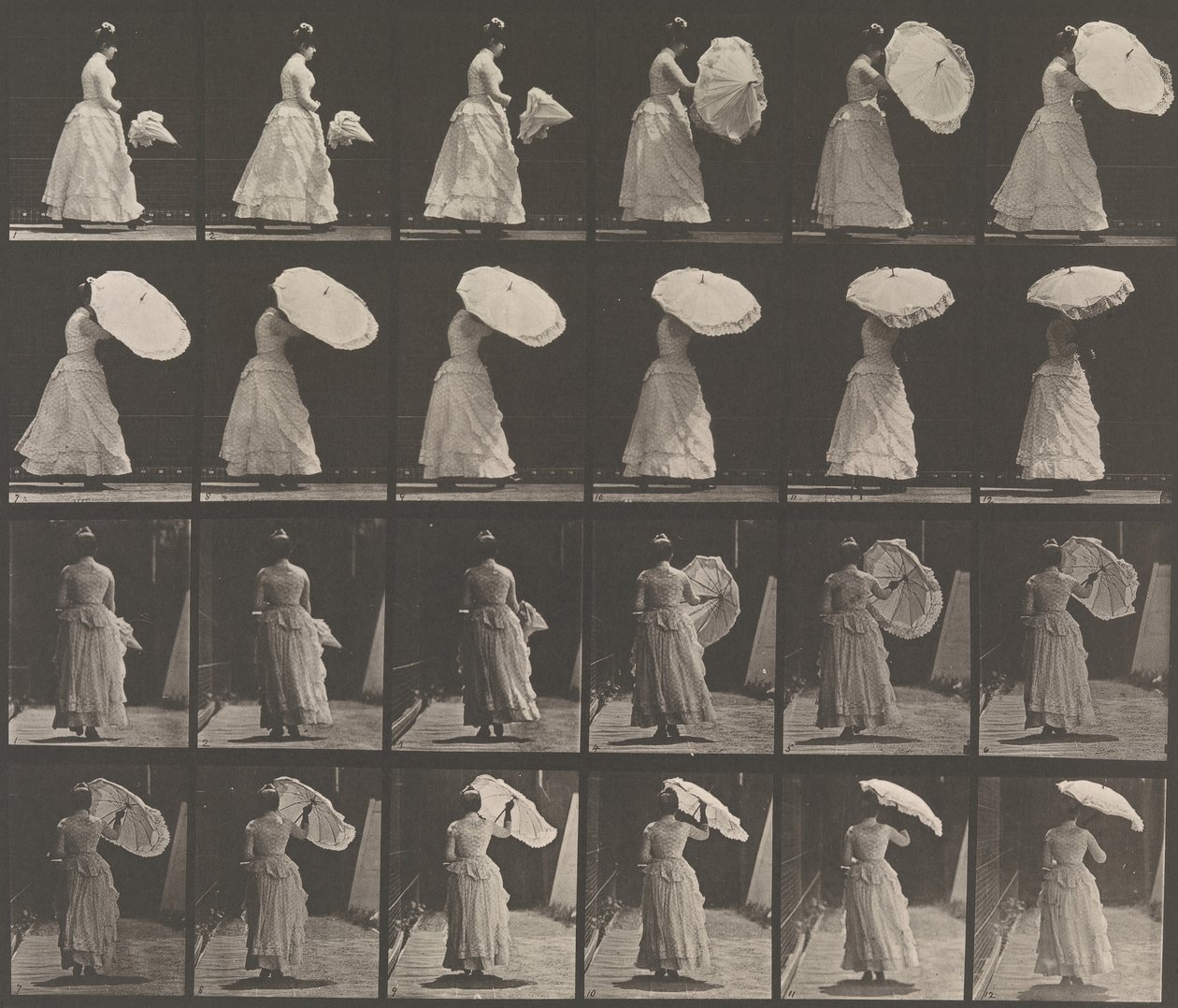 [Mulher abrindo o guarda-sol], 1883-86, impresso em 1887. de Eadweard Muybridge