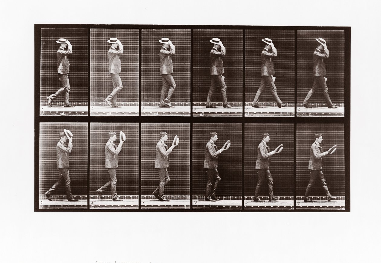 Homem, doffing, seu, boater, prato, 44, de, animal, locomotion, 1887 de Eadweard Muybridge
