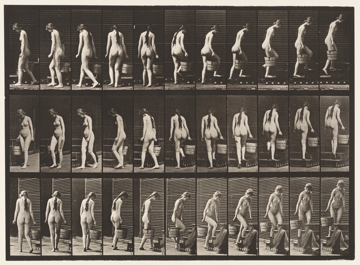 Placa 102. Virando e Escada Ascendente, Água de Balde na Mão Rt, 1872-1885 de Eadweard Muybridge