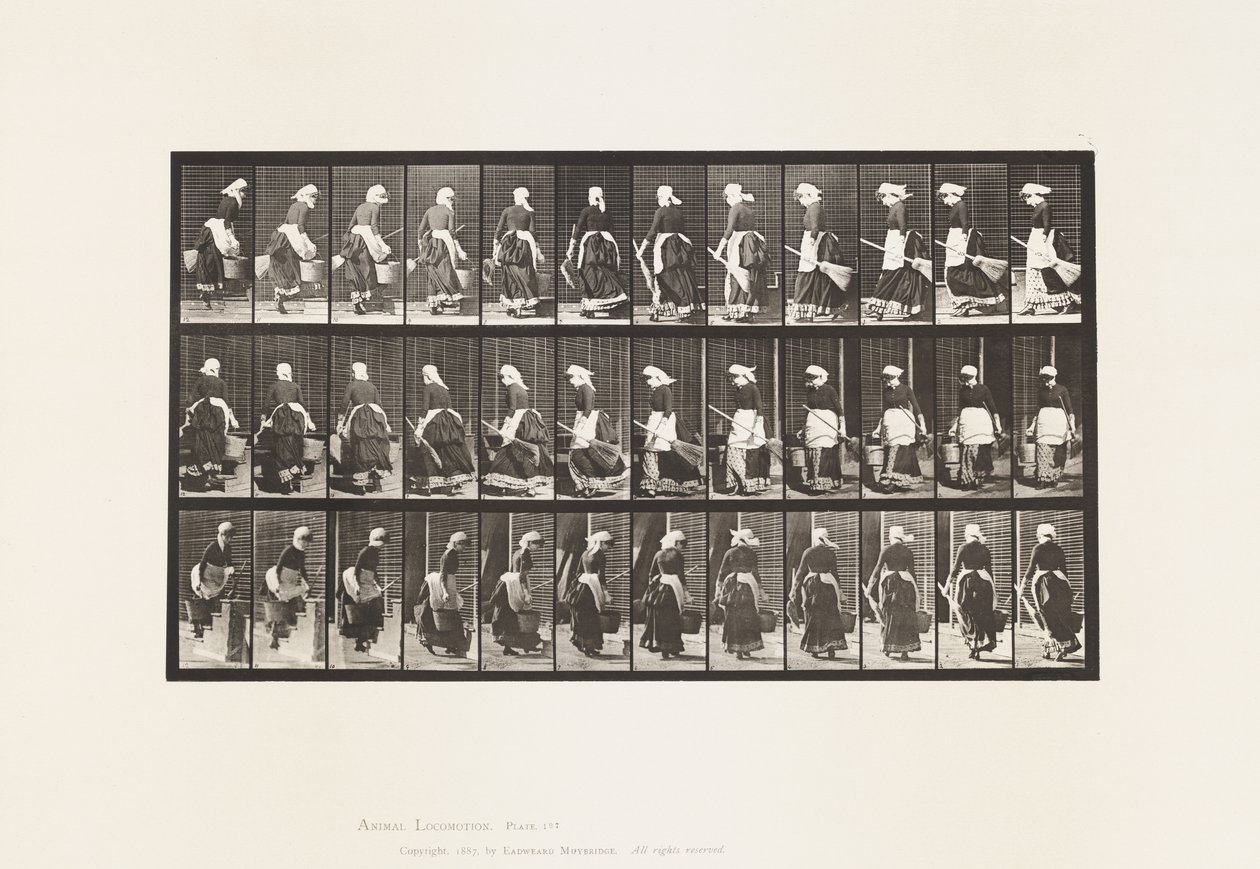 Placa 107. Virar para subir escadas, balde de água e vassoura nas mãos de Eadweard Muybridge