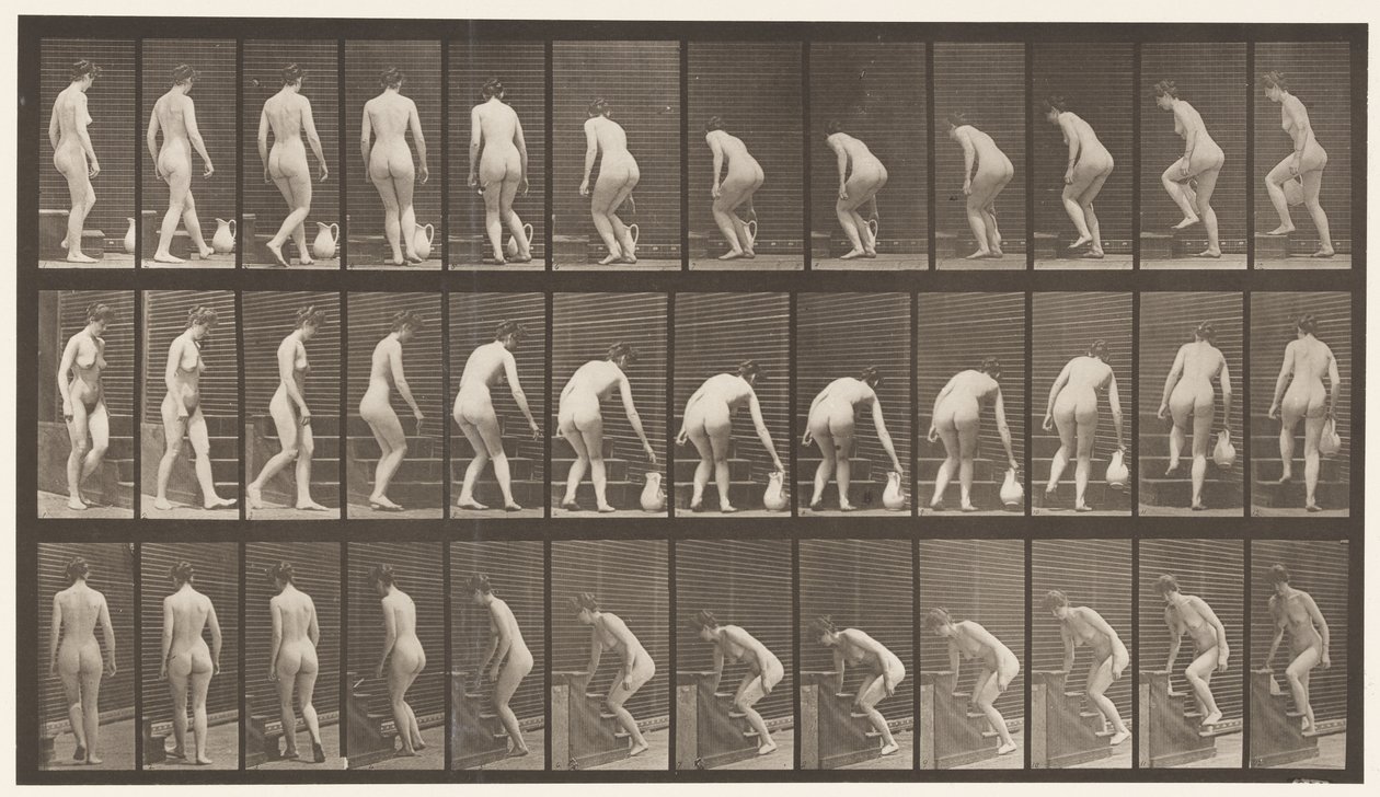 Placa 108. Virando para Escadas Ascendentes, Inclinando-se, Levantando um Lançador, 1872-1885 de Eadweard Muybridge