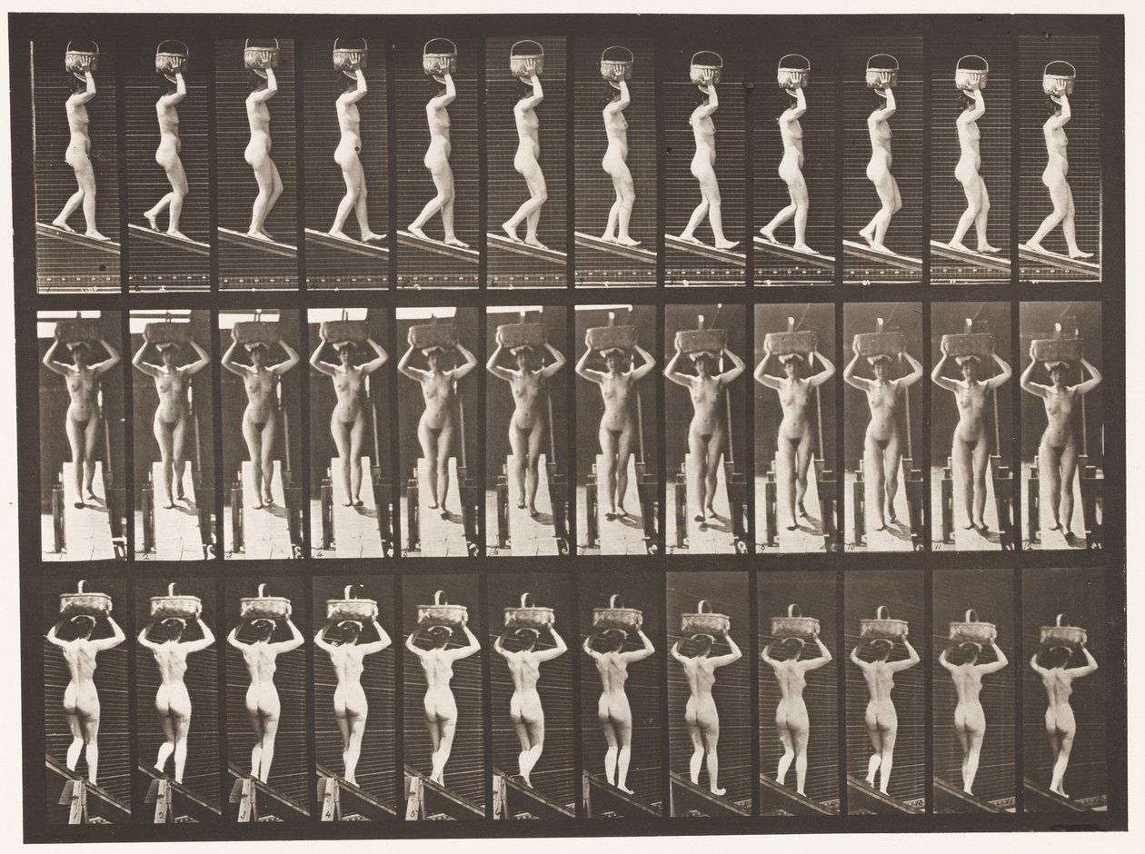 Placa 124. Inclinação Decrescente, Cesto de 20 lb na Cabeça, Mãos Levantadas, 1872-1885 de Eadweard Muybridge