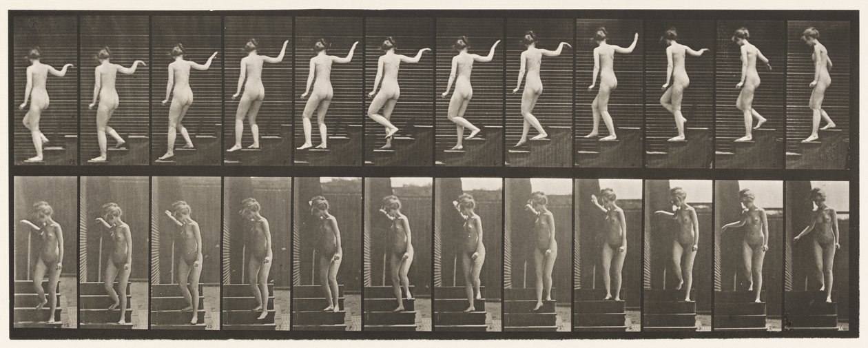 Placa 132. Escadas descendentes, virando para olhar ao redor e acenando com a mão de Eadweard Muybridge