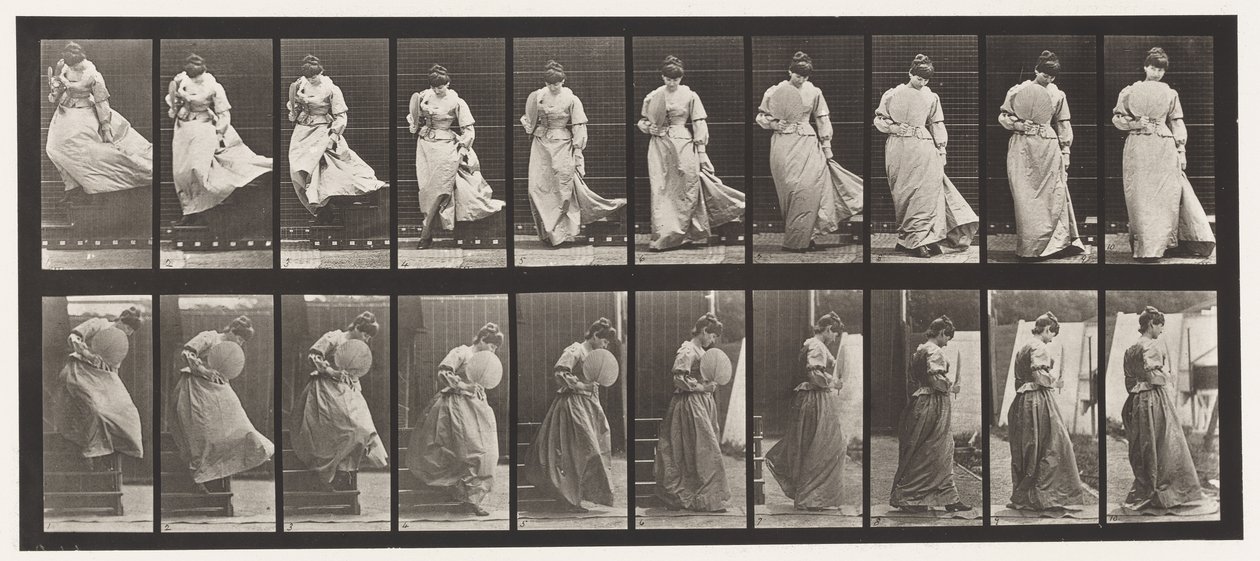 Placa 142.Descending escadas, transformando vestido pego, 1885 de Eadweard Muybridge