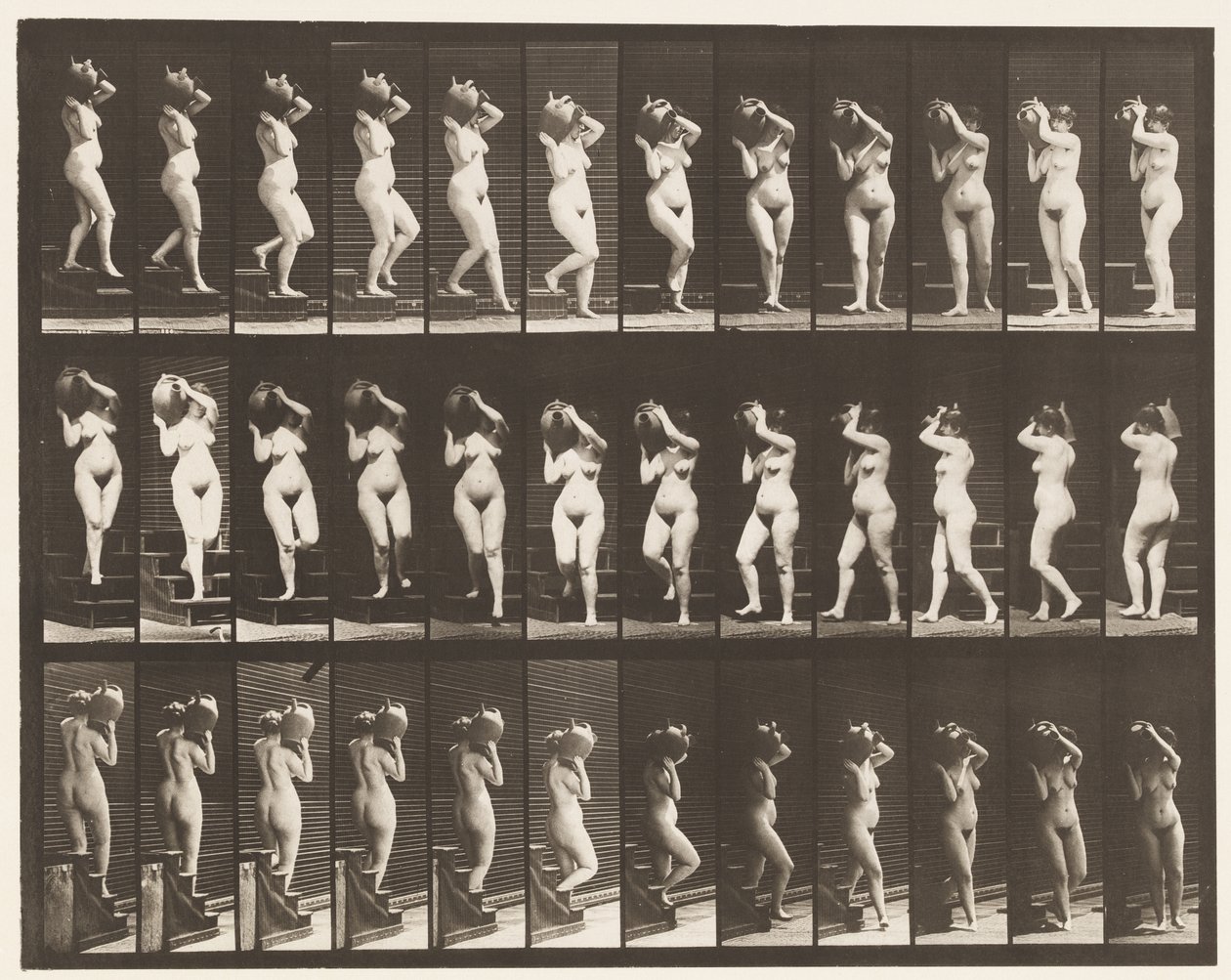 Prancha 147. Escadas Descendentes; Tornando Jarra de Água no Ombro Direito, 1872-1885 de Eadweard Muybridge