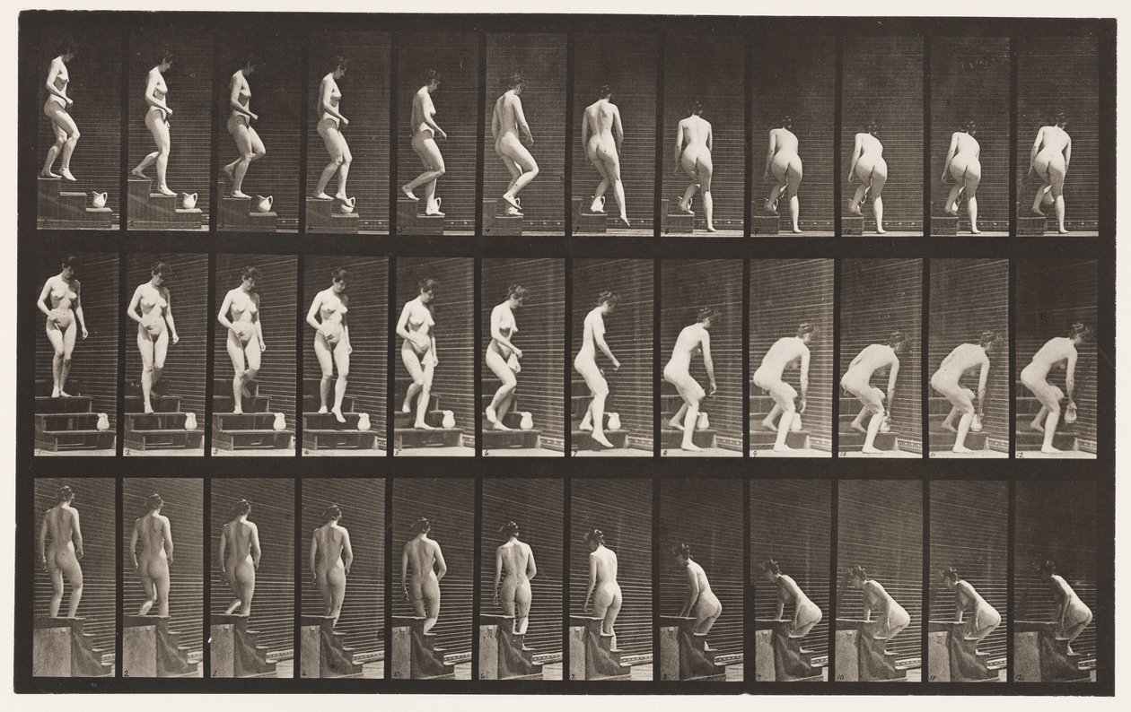 Prancha 149. Escadas Descendentes; Inclinando-se para levantar um jarro, 1872-1885 de Eadweard Muybridge