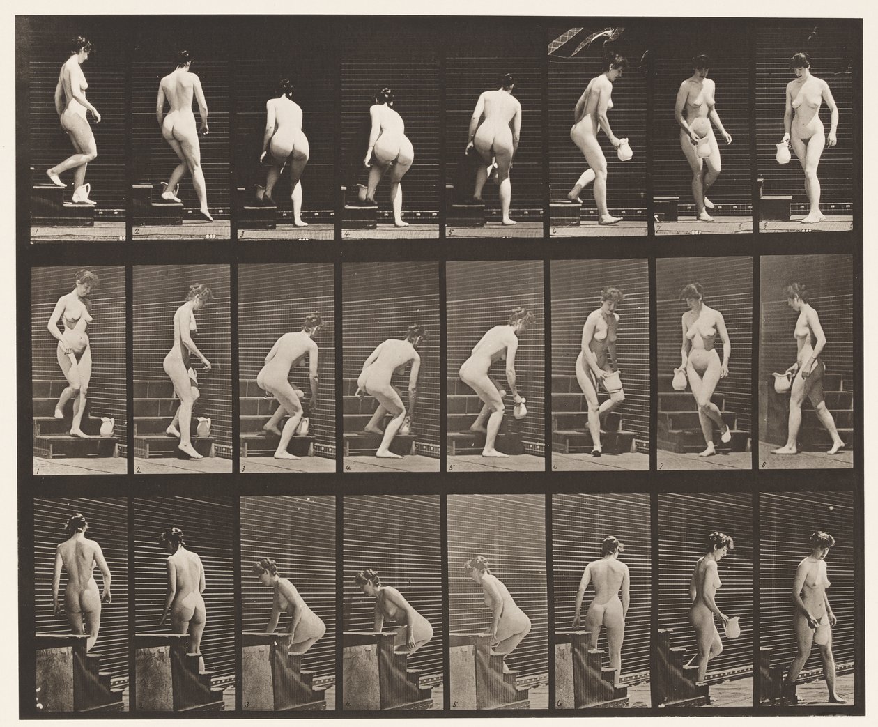 Placa 150. Escadas Descendentes; Inclinando-se, levantando o jarro, girando, 1872-1885 de Eadweard Muybridge