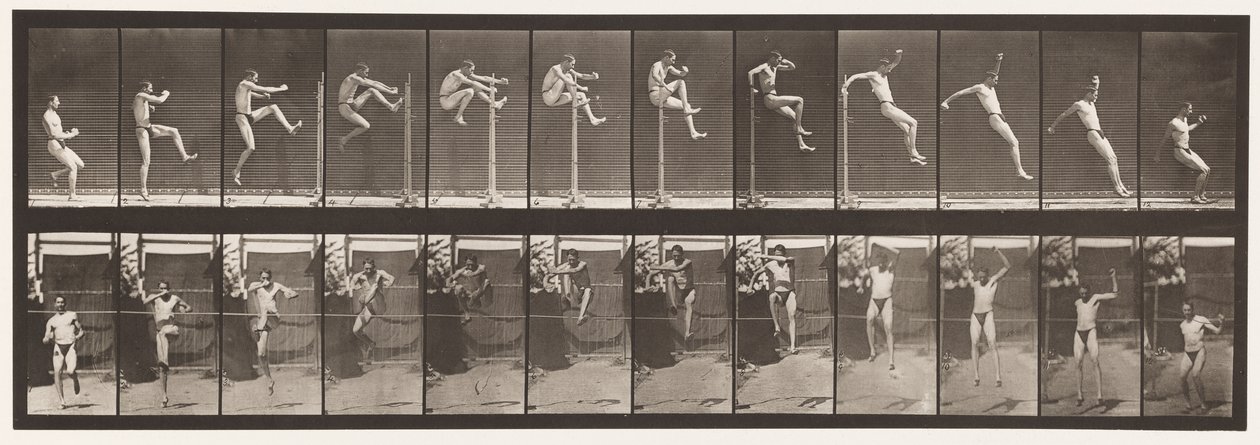 Placa 152. Pulando; Corrida em linha reta salto em altura (tênis) de Eadweard Muybridge