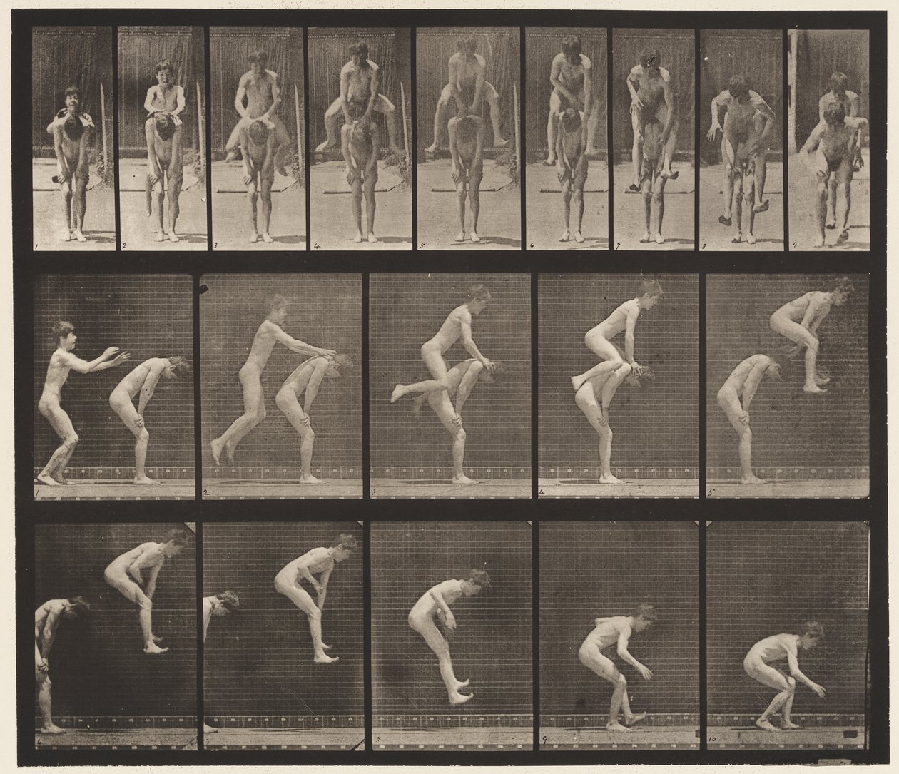 Prato 167. Saltar; Sobre as costas do rapaz (Saltar Sapo) de Eadweard Muybridge